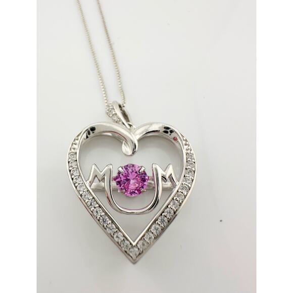 "Mom" Dancing Heart Necklace with Lab Created Pink & White Sapphires - Picture 5 of 9